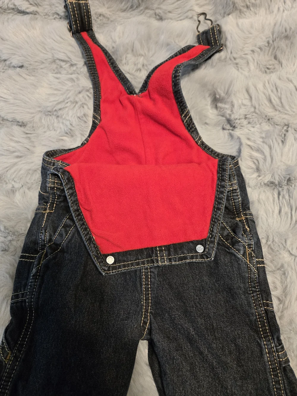 OshKosh B'gosh Red Fleece Lined Dark Wash Carpenter Overalls 12M